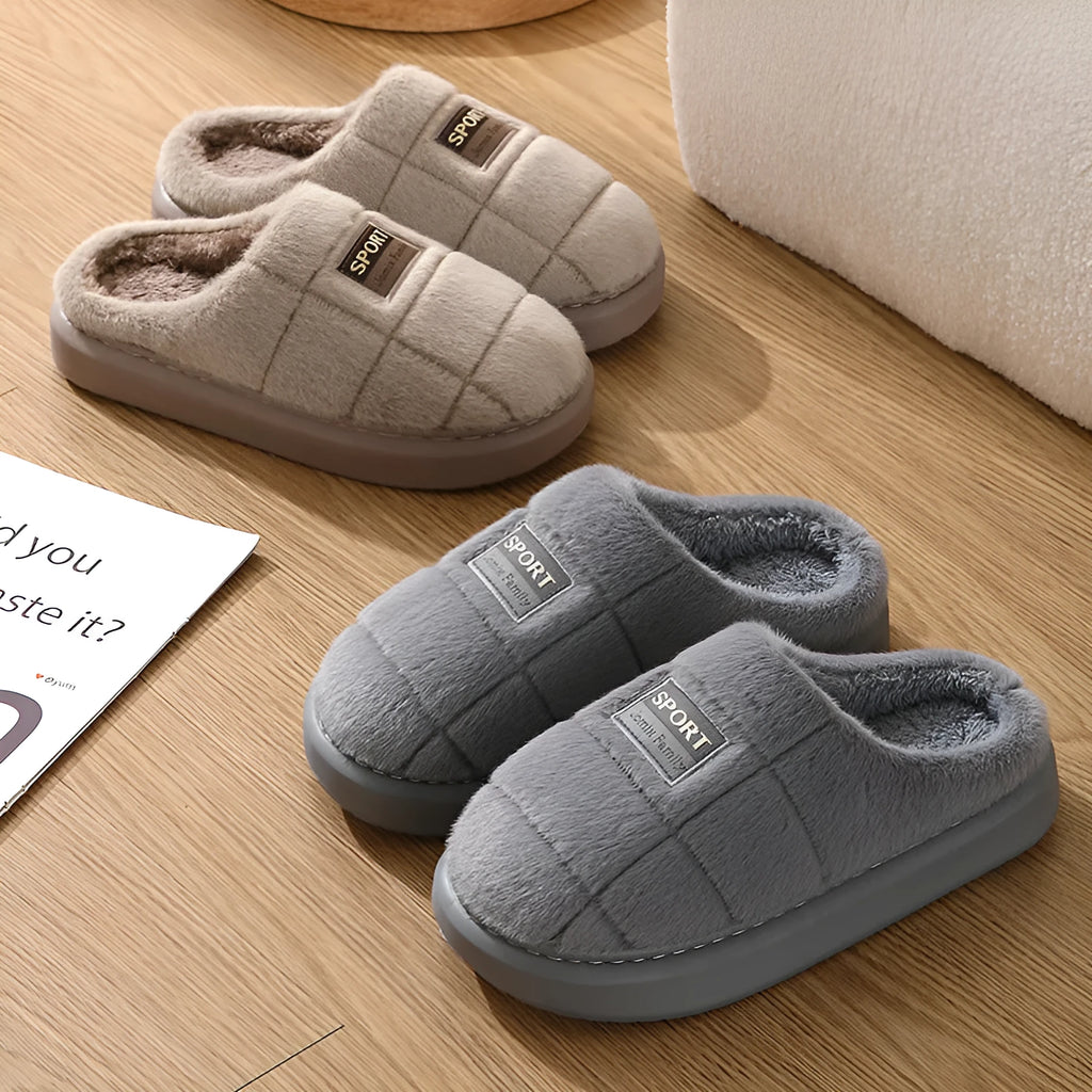 Men's grey and brown plaid rabbit hair winter slippers with artificial wool lining and EVA sole