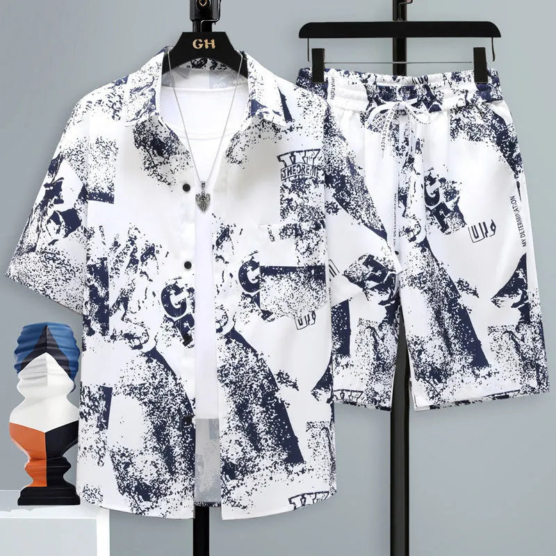 Men's casual two-piece set with short sleeve top and matching shorts in polyester fabric