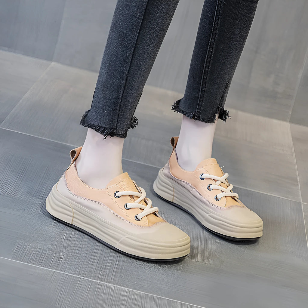 Women's leather casual platform sneakers in matcha green, showing lace-up front and round toe design.