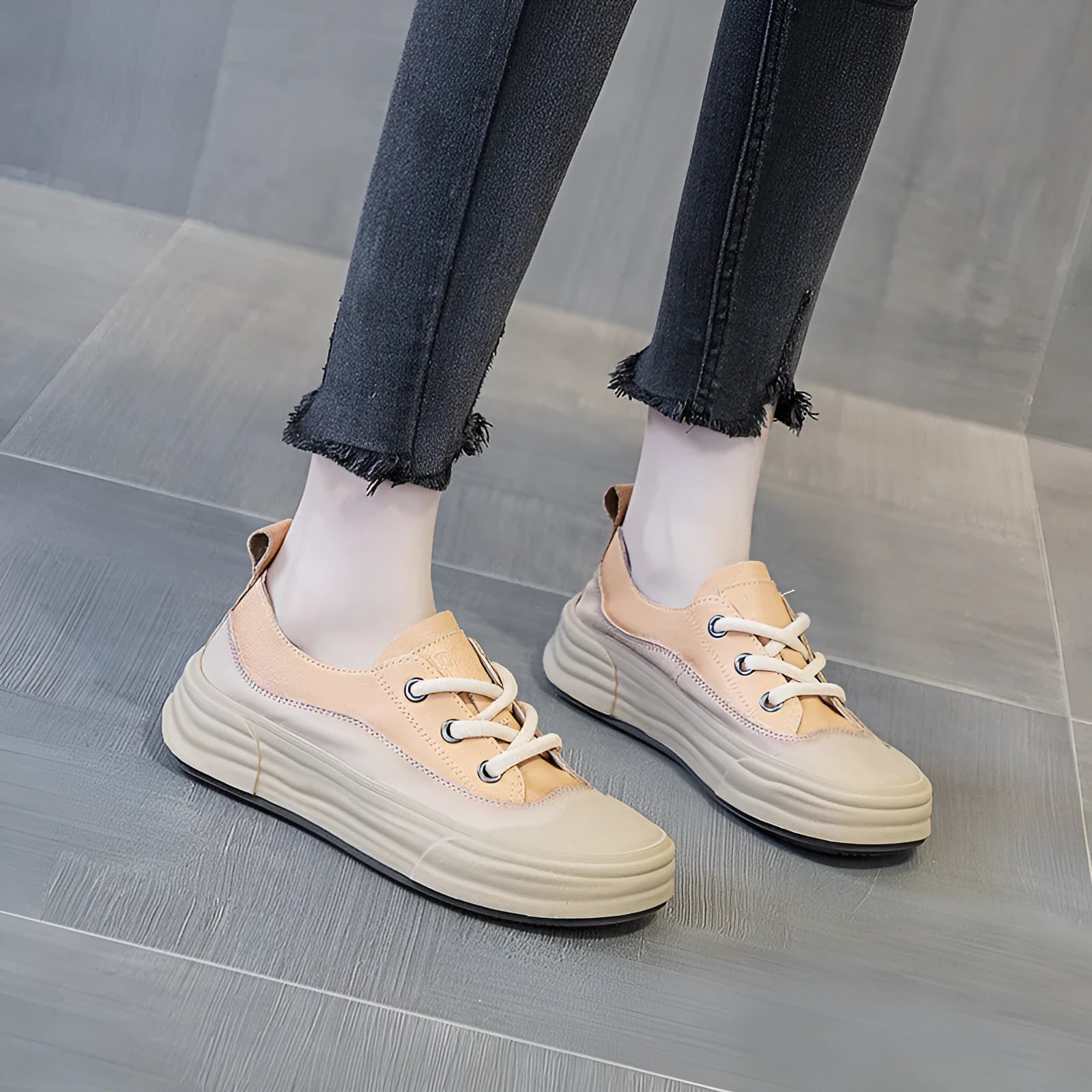 Women's leather casual platform sneakers in matcha green, showing lace-up front and round toe design.