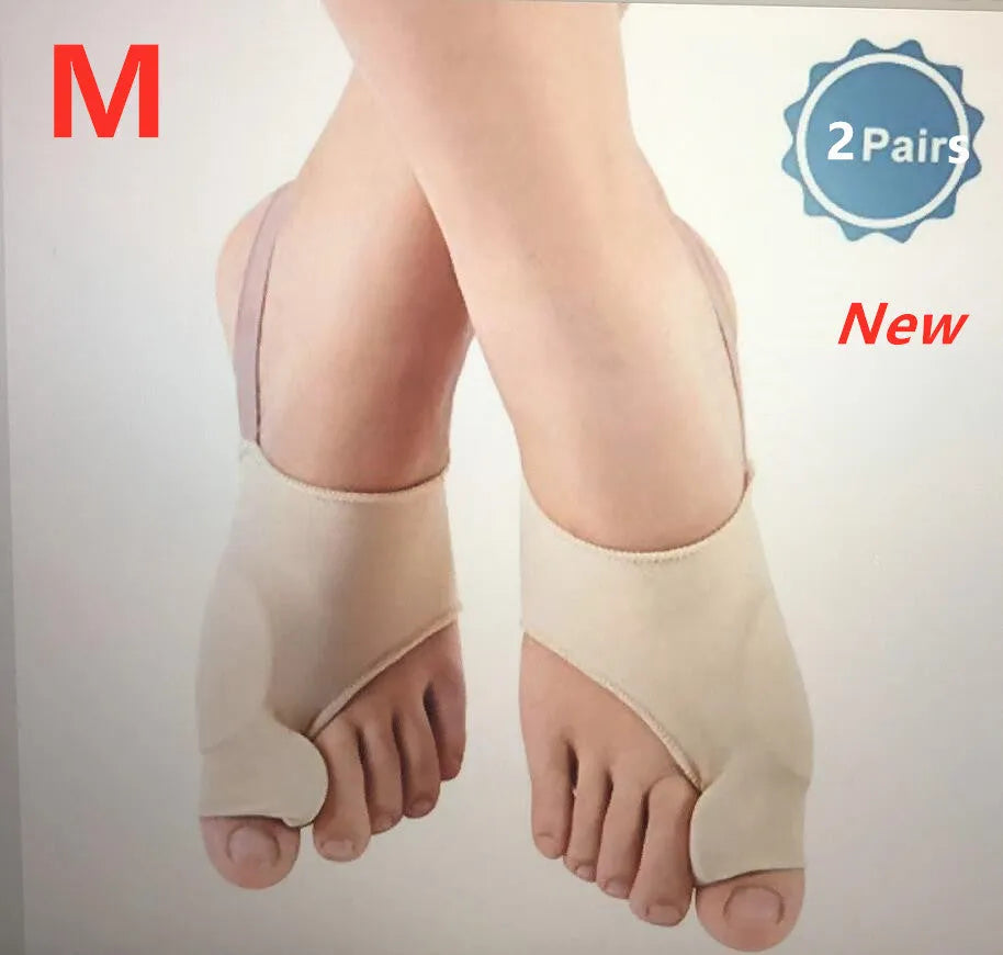 Corrective bunion relief sock with gel pad and silicone toe separator on a foot.