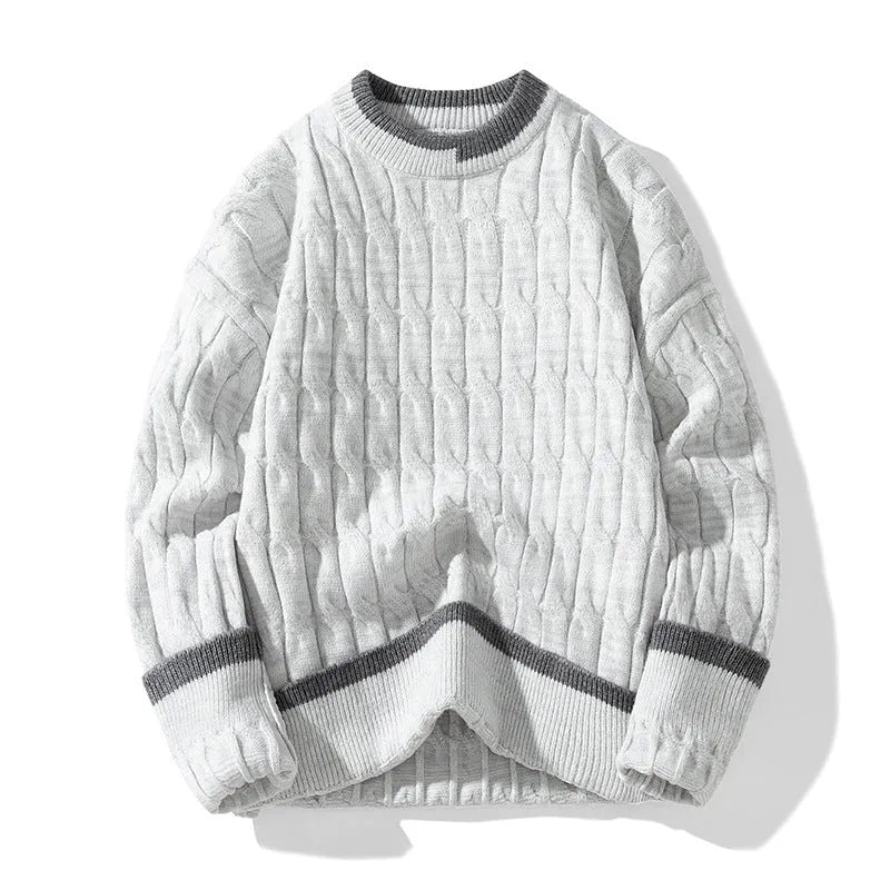 Men's loose grey and blue acrylic modal sweater set on a hanger, showing long sleeves and pullover style.
