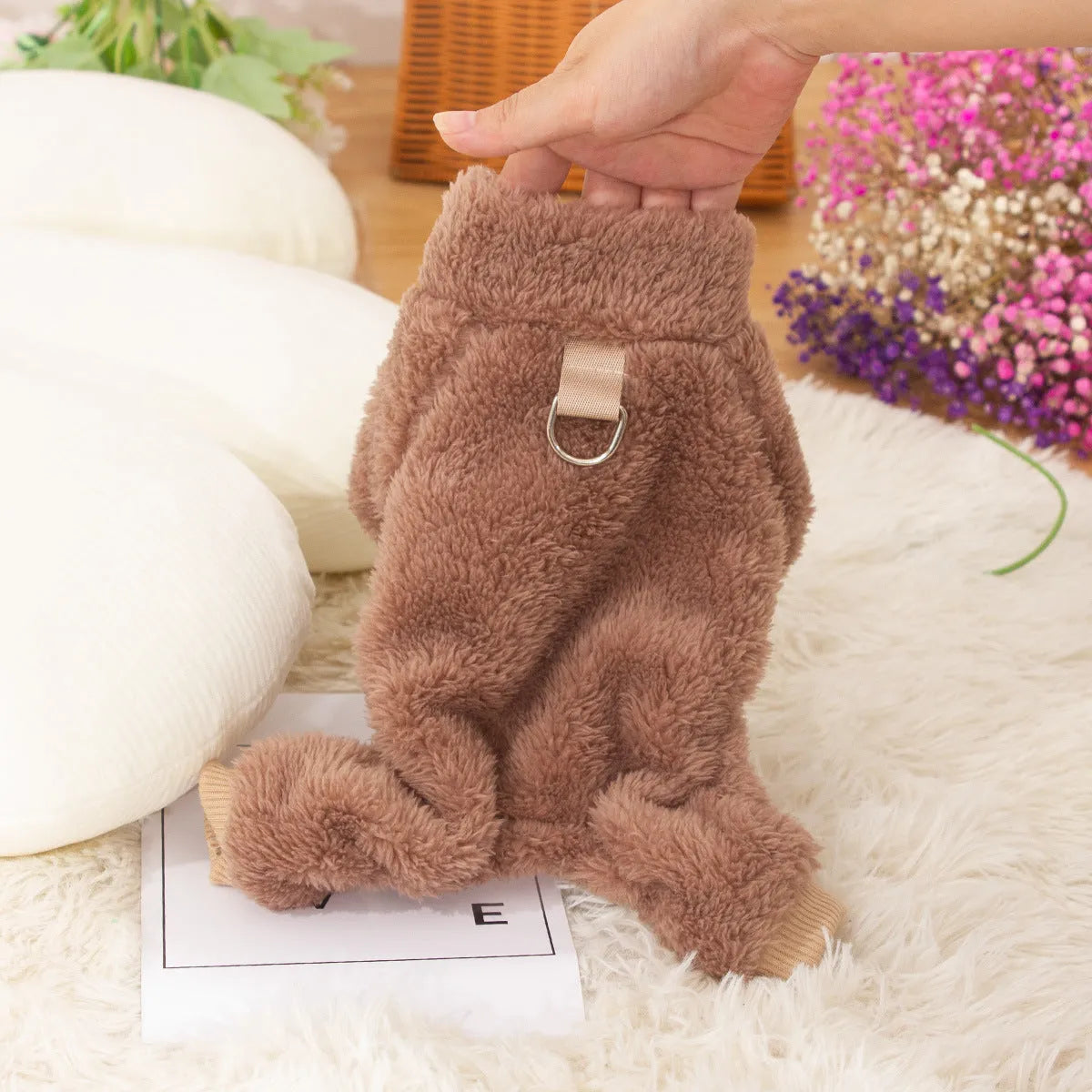 Blue double-sided plush dog clothes with high collar and towing ring for autumn winter wear