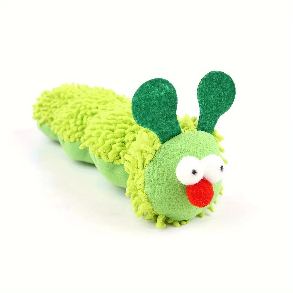 Green interactive plush cat toy pillow with rechargeable electronics, shown next to a measuring tape indicating 24cm length.