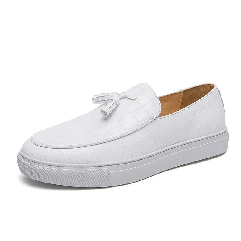 Men's black plus size casual sneakers with tassel detail on artificial PU upper and round toe.