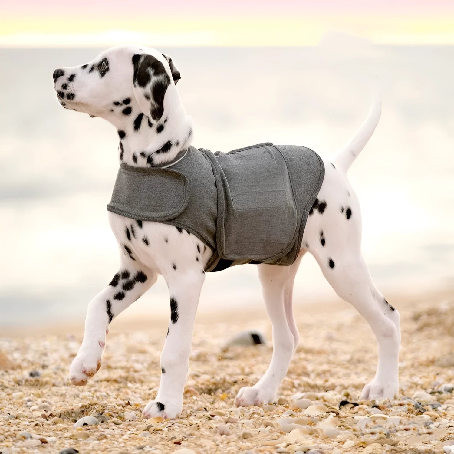 Heather grey dog anxiety vest jacket on a model, showing brocade cotton ponte-de-roma fabric and fit.
