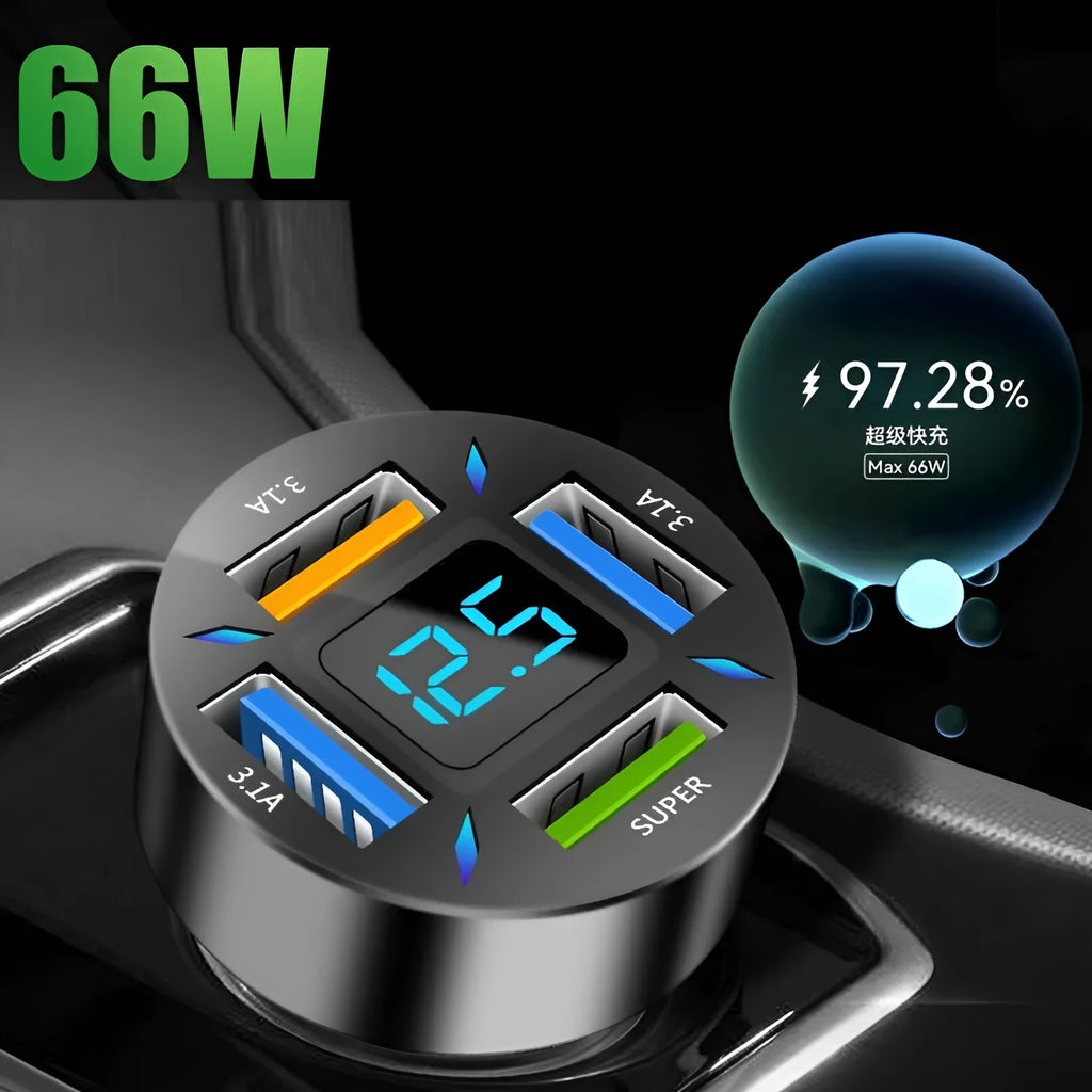 C177 four-port USB car charger with LED digital display, shown plugged into a vehicle power outlet.