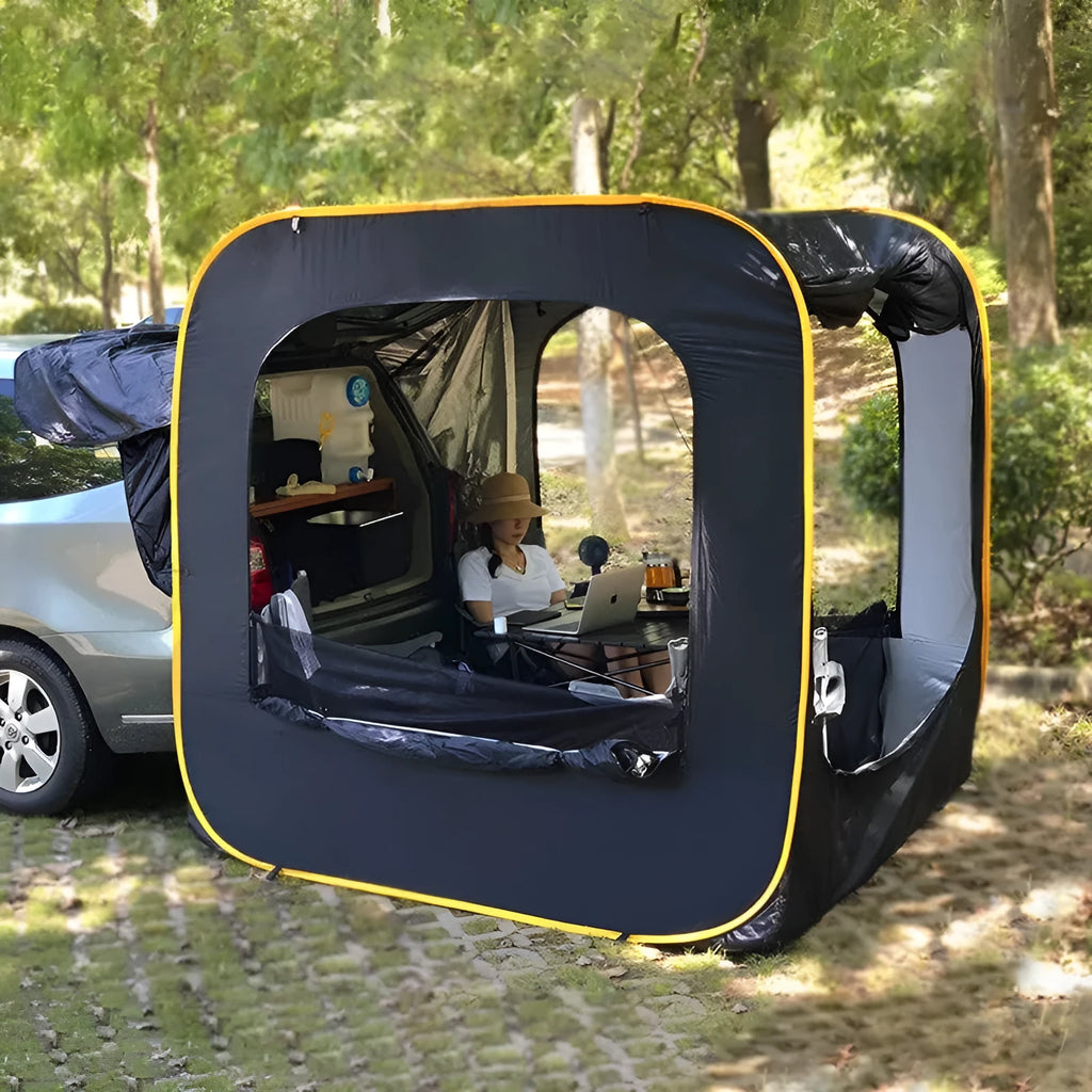 Black pop-up car tail tent with unfolded dimensions of 200cm cubed and waterproof Oxford cloth construction