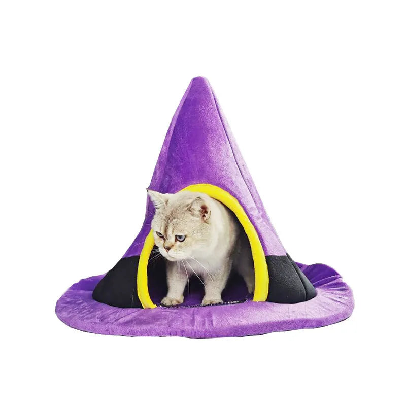 Purple Halloween witch hat shaped cloth cat bed measuring 60 by 45 centimetres