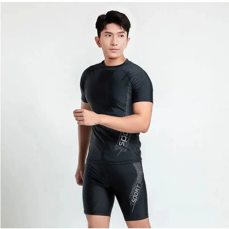 Men's patterned polyester swimsuit set with top and trousers on a mannequin