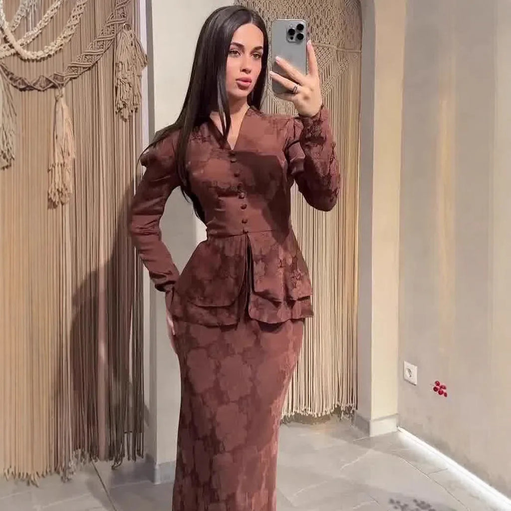 Dark brown retro-style long dress with floral pattern, long sleeves, and a faux two-piece slim fit design