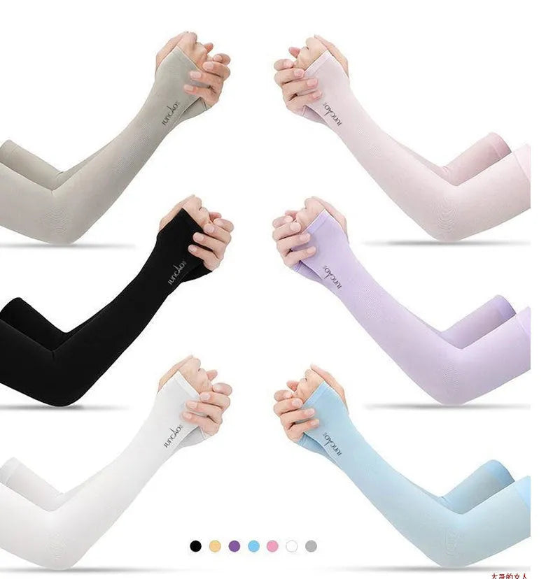 White viscose fibre driving sun protection sleeves with open-finger design showing forearm coverage