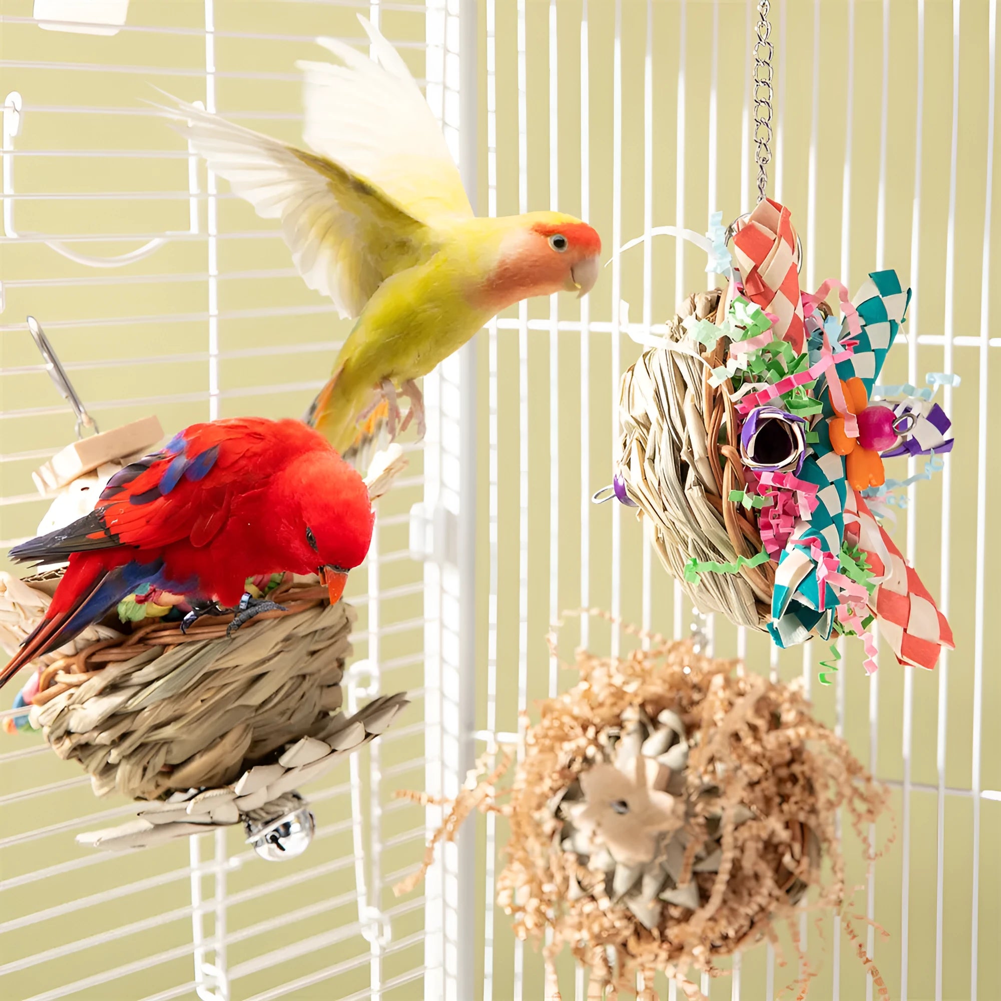 Parrot gnawing toy with coloured wood blocks on rope for small to medium birds