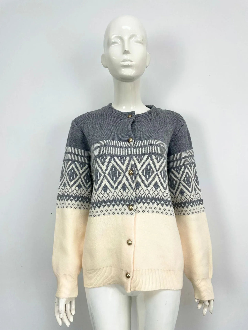 Women's grey alpaca wool cardigan with diamond knit pattern and long sleeves