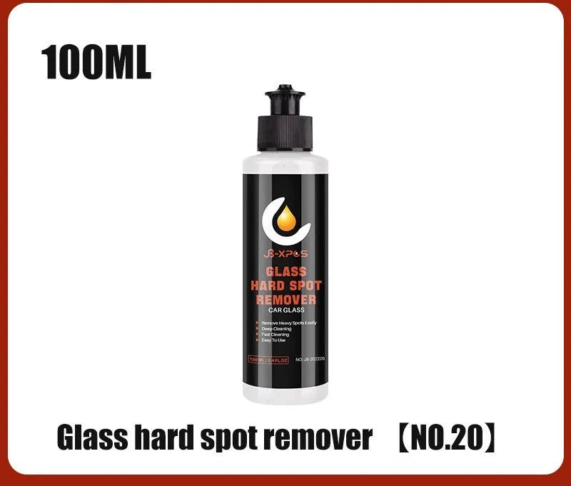 Tube of glass oil film remover cleaning cream in 100ml size, shown with paste applied to a car windscreen.