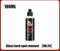 Tube of glass oil film remover cleaning cream in 100ml size, shown with paste applied to a car windscreen.