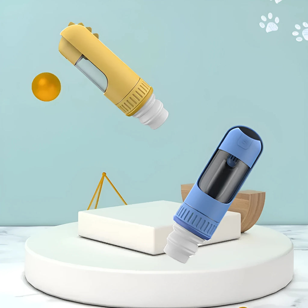 Dog outgoing pet water cup in blue, white or yellow with grain packaging compartment and PC material