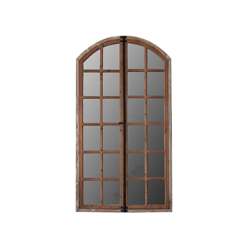 Terrace distressed fake window wall mirror with wooden glass construction and log colour finish