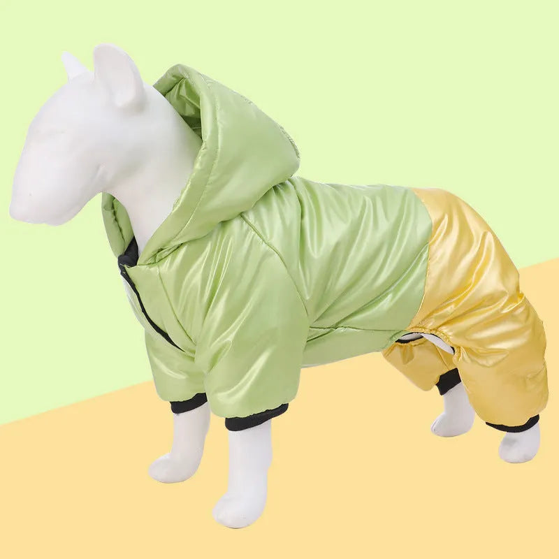 Green waterproof windproof dog winter coat with four-legged design and cotton construction