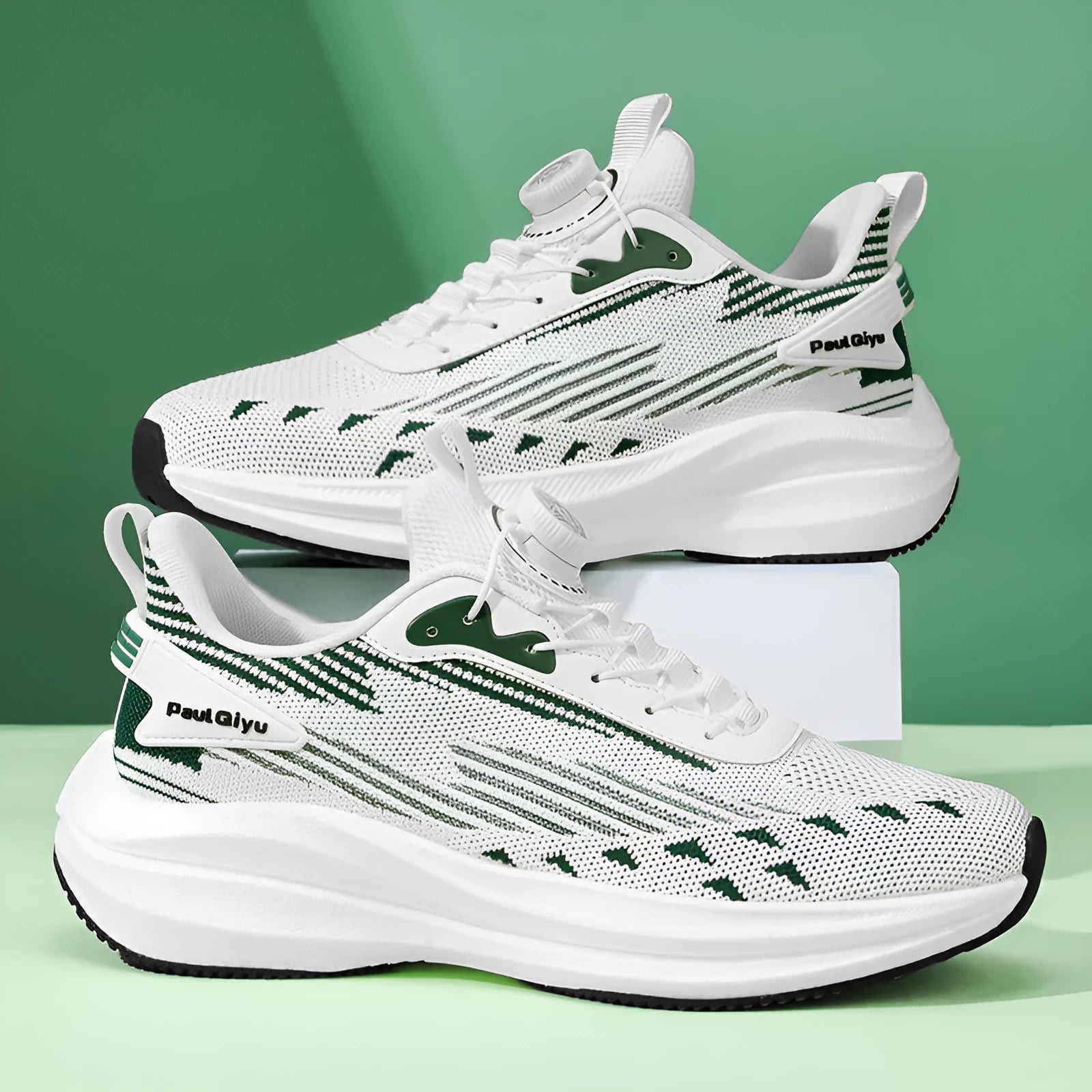 Men's rotating buckle fly-kit mesh casual sports running shoes in white green colour
