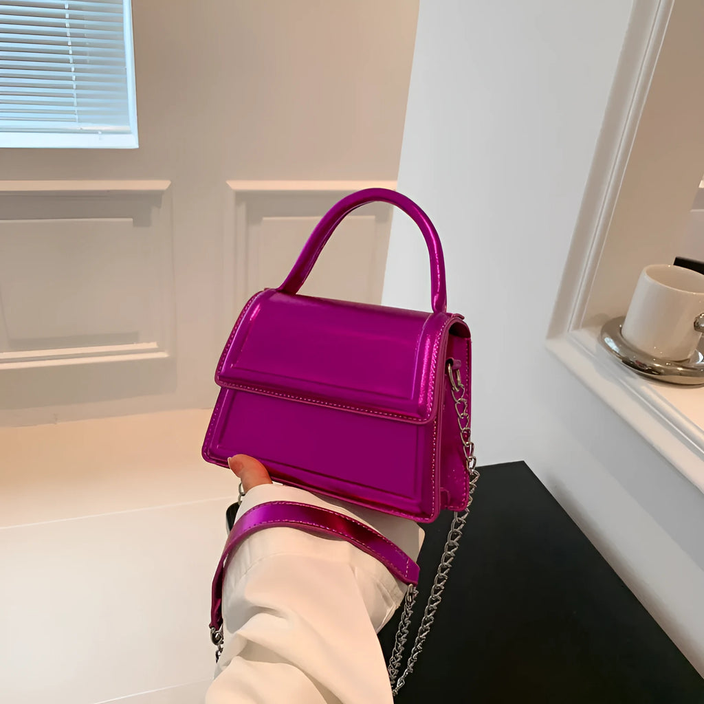 Retro PU leather crossbody bag in horizontal square shape with visible sewing lines