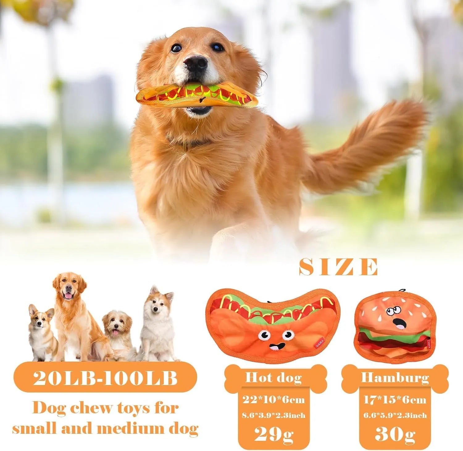 Food-shaped dog toy with crinkle and squeak features in hamburger, fries, hot dog, and pizza designs