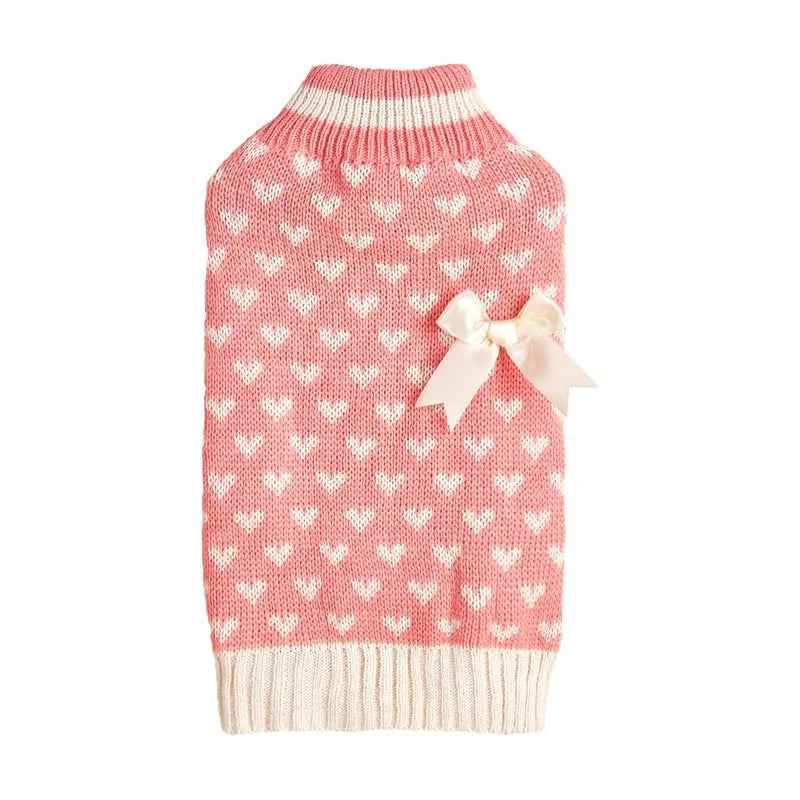Red love heart and pink bow design on an acrylic dog sweater for small to large pets.