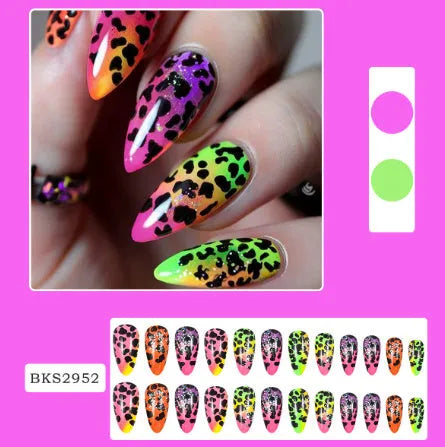 Wear Armour frosted nail stickers in four patterns: French colourful leaves, star flash macarons, leopard print, and colourful plating.