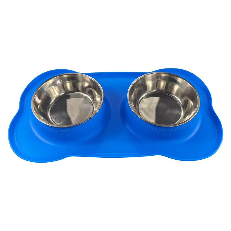 Large silicone double dog bowl with stainless steel food and water inserts in blue colour