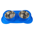 Large silicone double dog bowl with stainless steel food and water inserts in blue colour