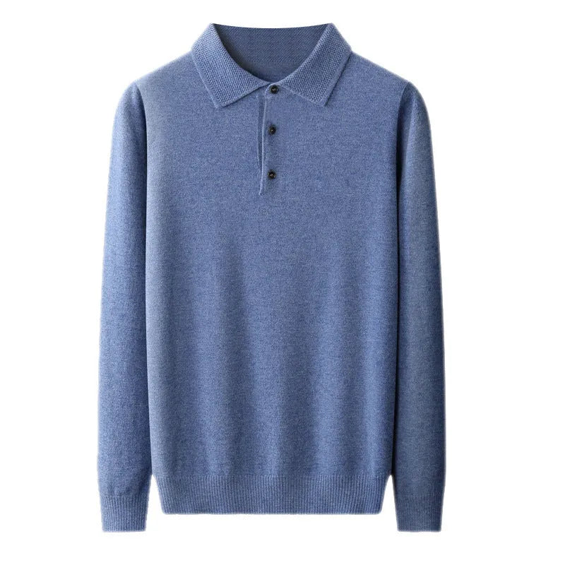 Men's wool polo collar sweater pullover in noble blue colour showing long sleeves and collar detail