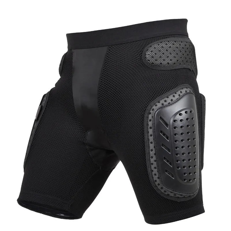 Black cycling hip protection pants with removable gel pads and adjustable leg length system