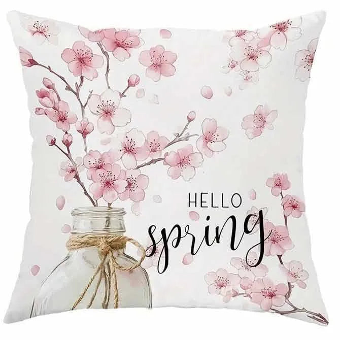 Square cherry blossom letter cushion cover in short velvet fabric, 45cm size
