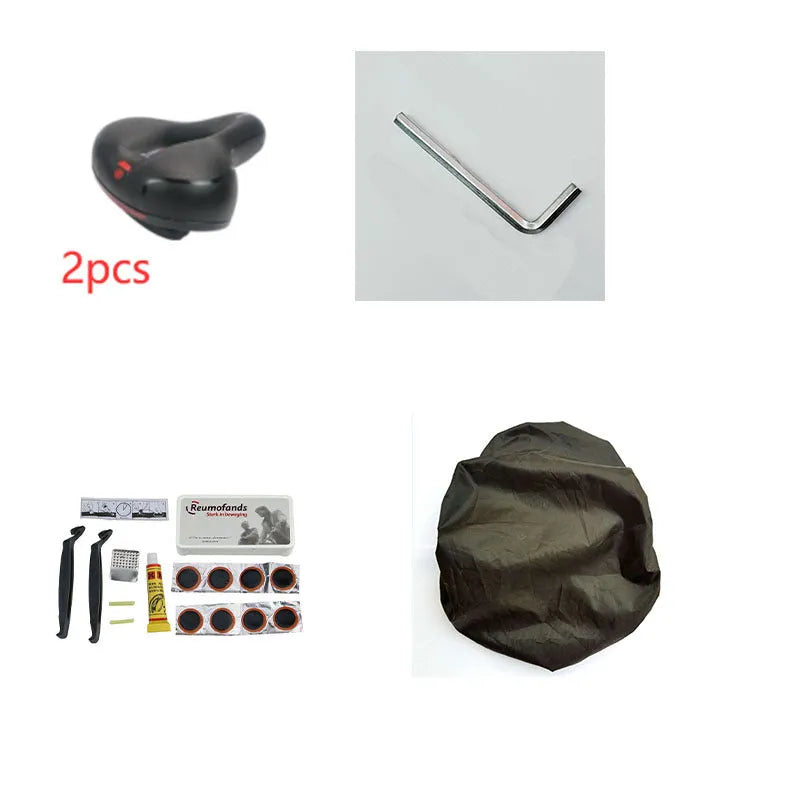 Bicycle saddle with black PU leather, showing spring suspension underside and included wrench and tyre patch.