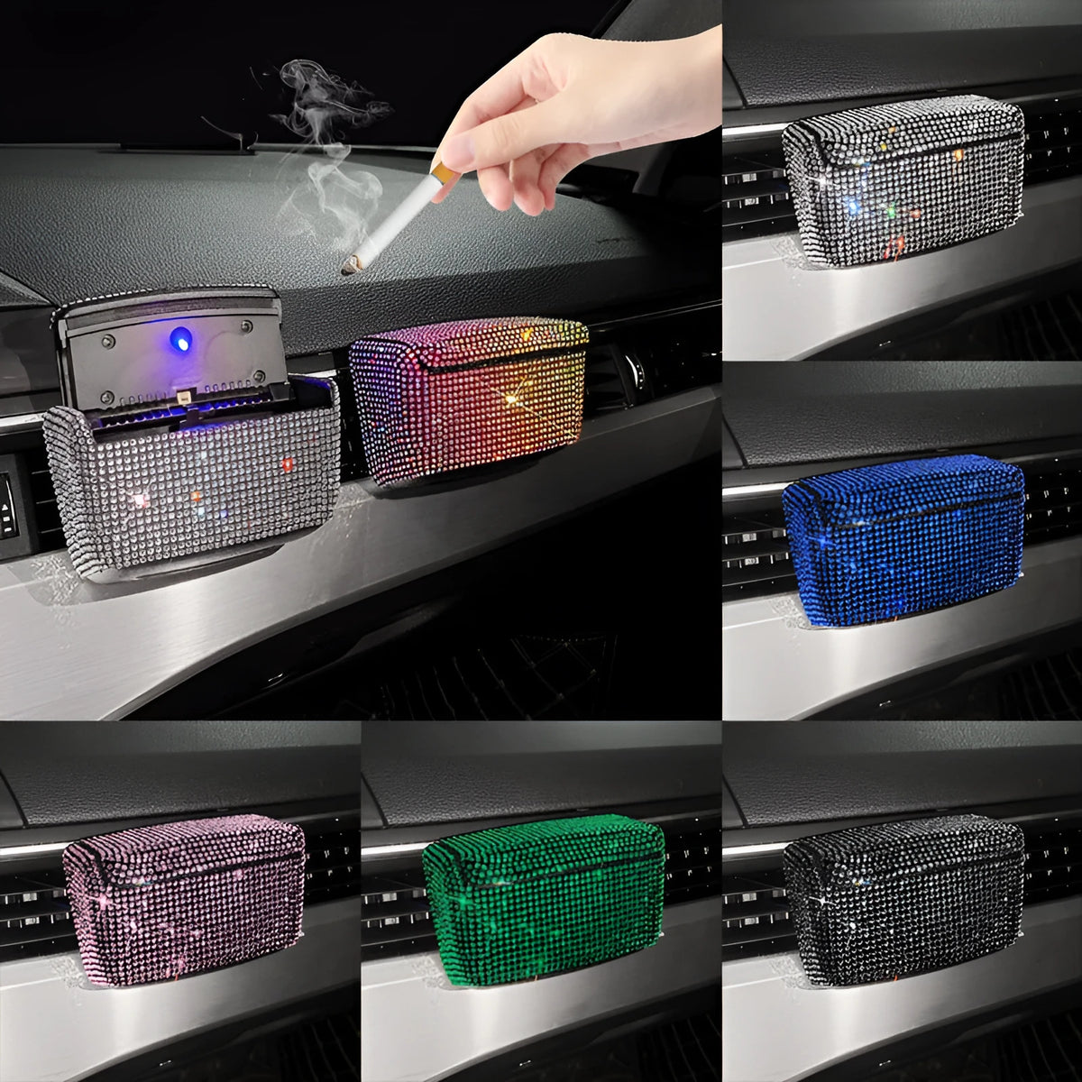 Car ashtray with covered design and diamond pattern in multiple colour options