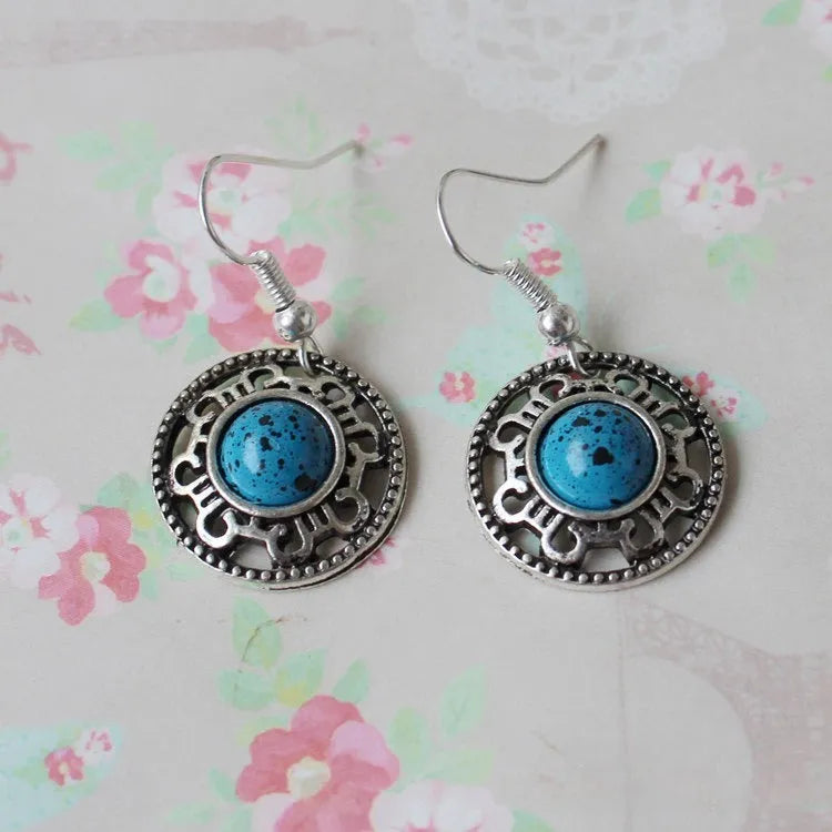 Handmade Miao silver turquoise ethnic earrings with geometric flower disk shape