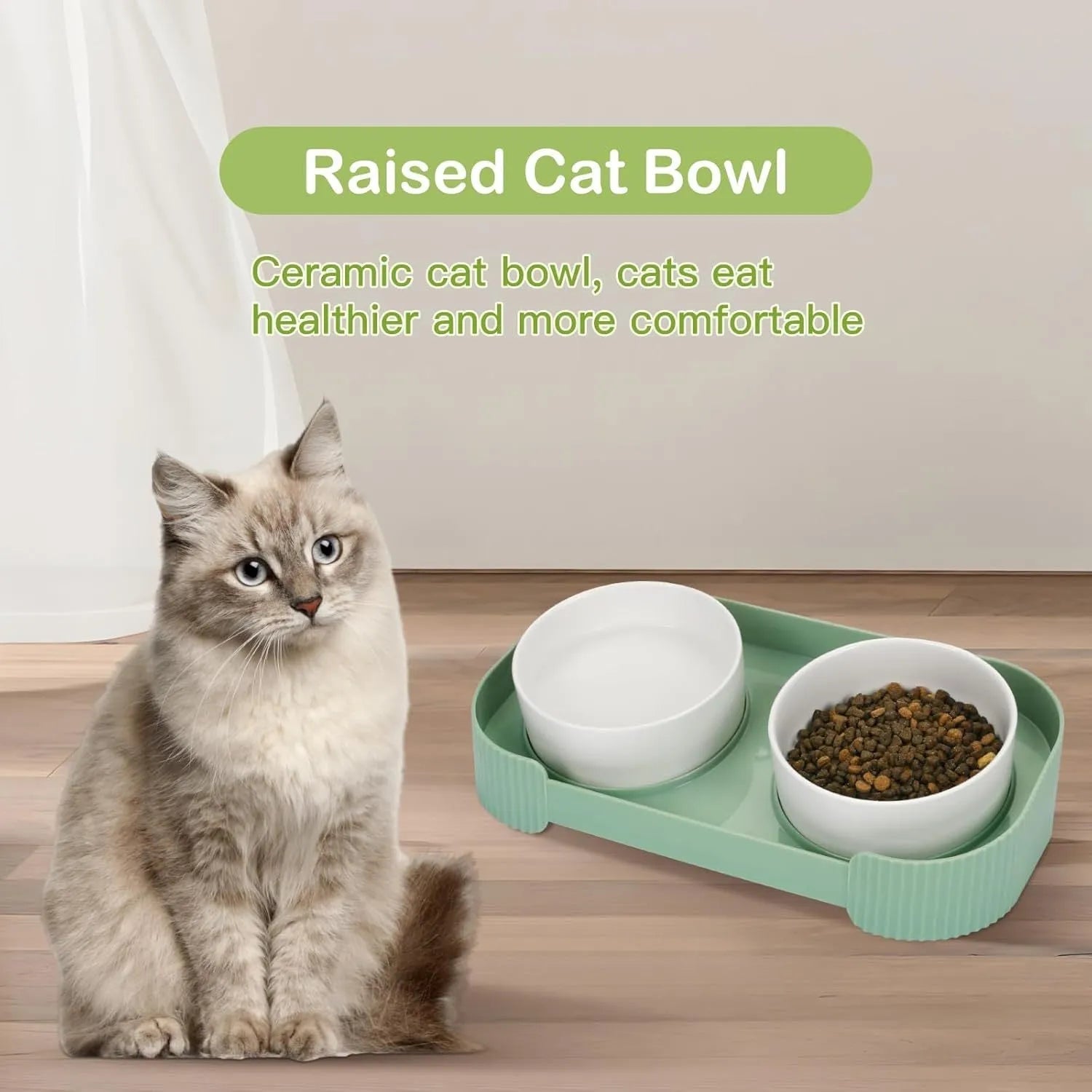 Green and white ceramic elevated cat bowls on a tilted stand with non-slip base