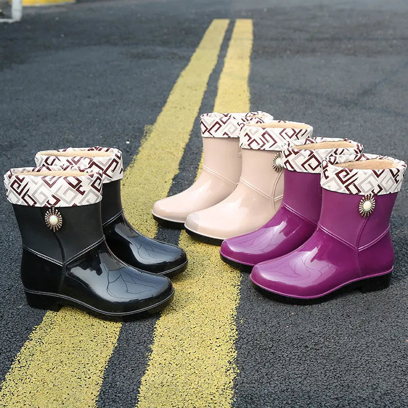 Women's middle tube PVC rain boots in beige colour with low tube socks design and warming thickness