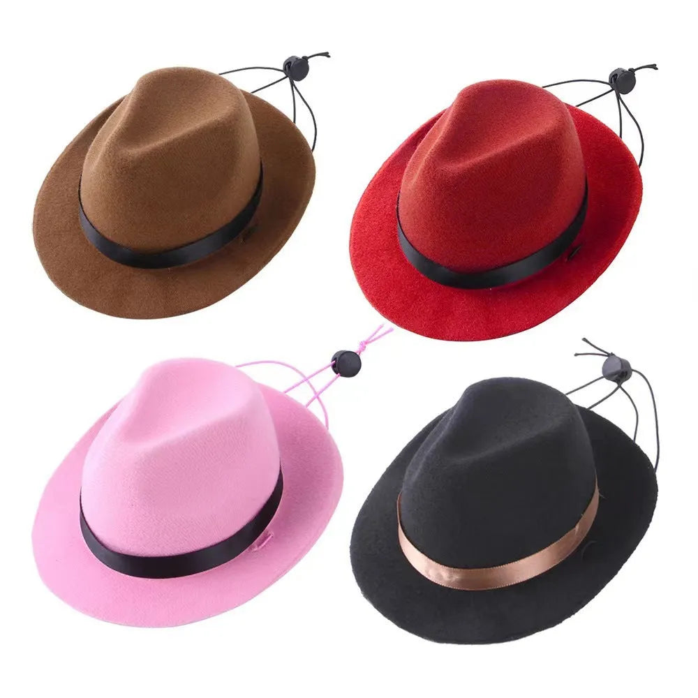 Small pet sun hat in wool felt with denim decoration, 15.5 cm diameter size for dogs or cats