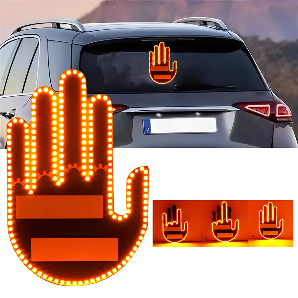 Black plastic LED gesture light for cars showing middle finger symbol with remote control