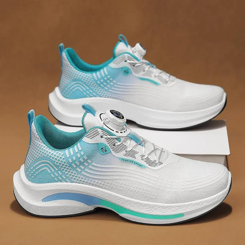 Men's low-top mesh sneaker with rotating buckle closure in black and blue colourway
