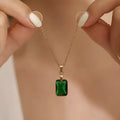 Copper rectangular geometric necklace with quadrilateral pendant on O-ring chain, XL1006 Green colour