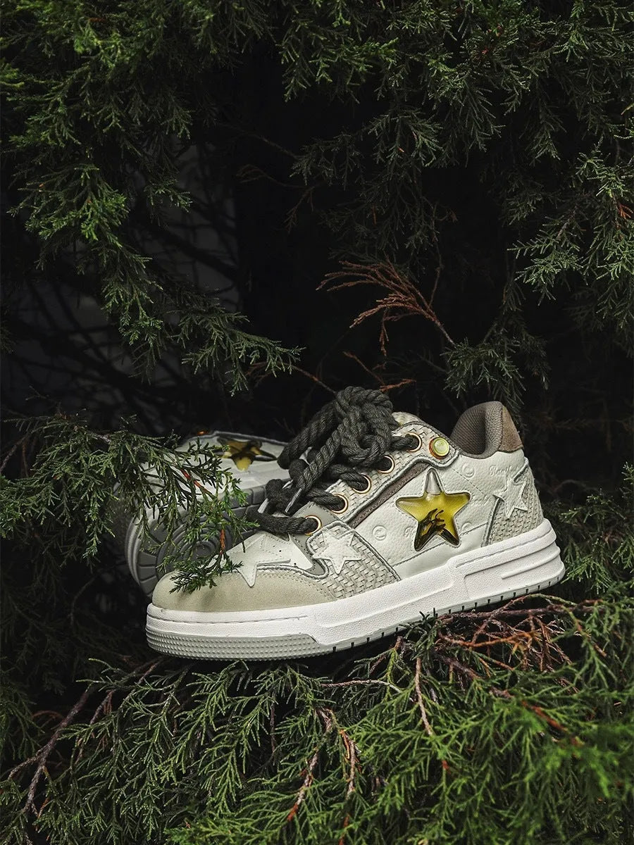 West Lake dragon well tea coloured leather platform running shoes with a round toe and lace-up front.