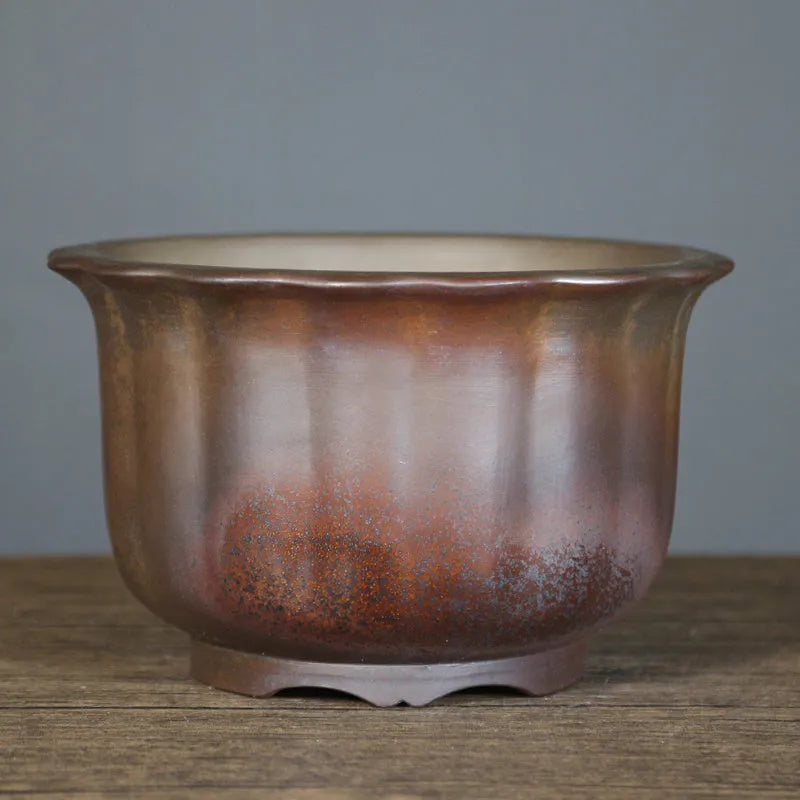 Antique carved purple sand ceramic flower pot with wood burning design, large bonsai basin size