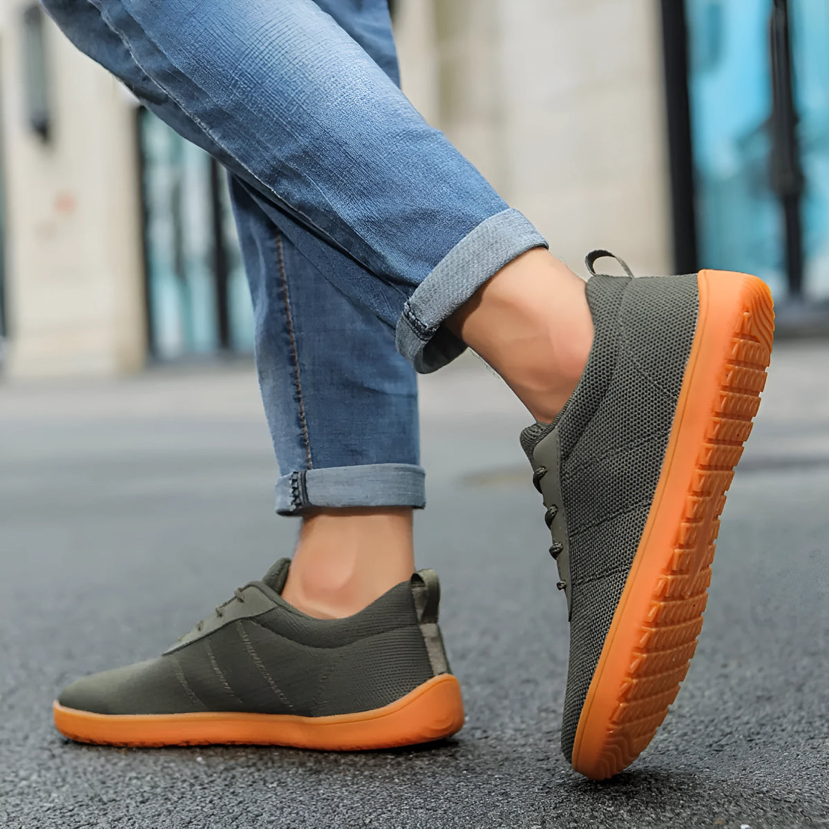 Men's low-top lace-up walking shoes in Army Green with a Flyknit upper and rubber sole.
