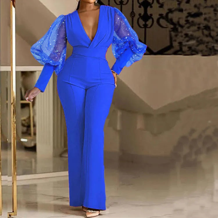 Women's mesh stitch long sleeve jumpsuit with wide legs and elastic waist in blue colour