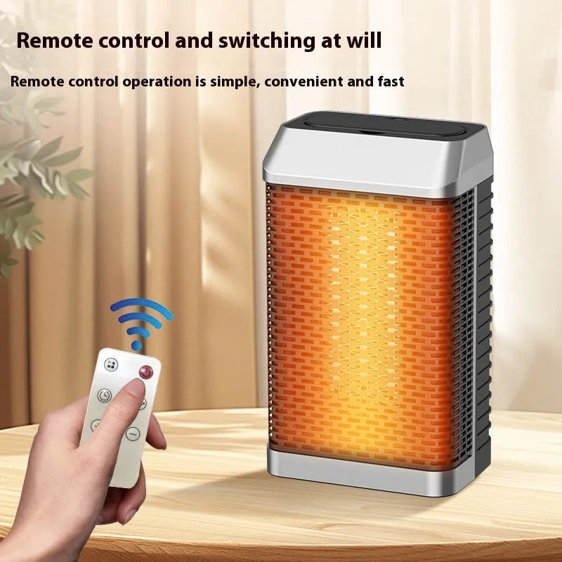 Black desktop smart heater with remote control on a wooden desk.