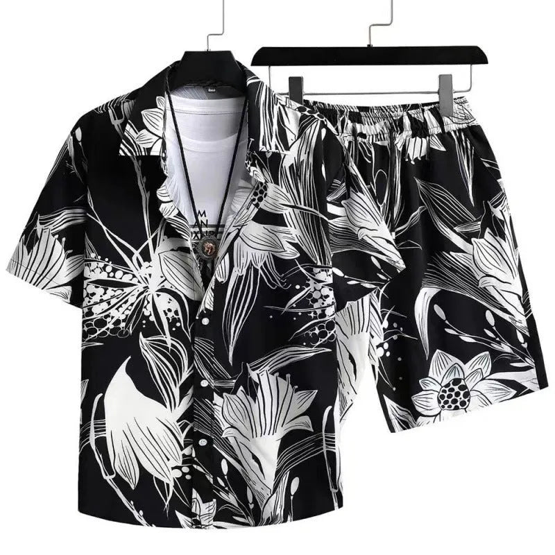 Men's casual suit set with short sleeve cardigan and matching printed shorts in polyester fabric