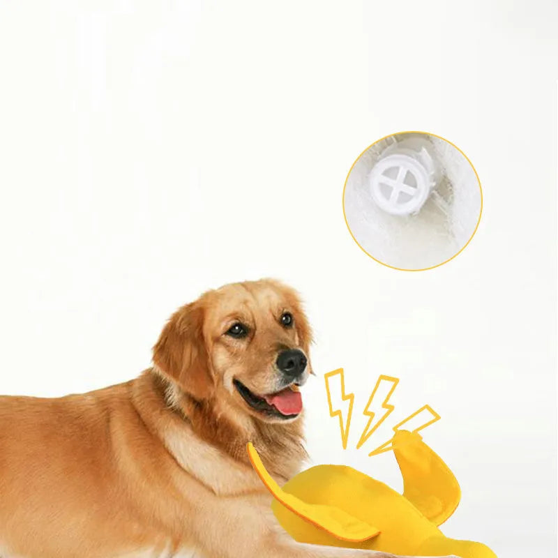Yellow plush duck dog toy with a treat compartment and built-in sound module for training and enrichment.
