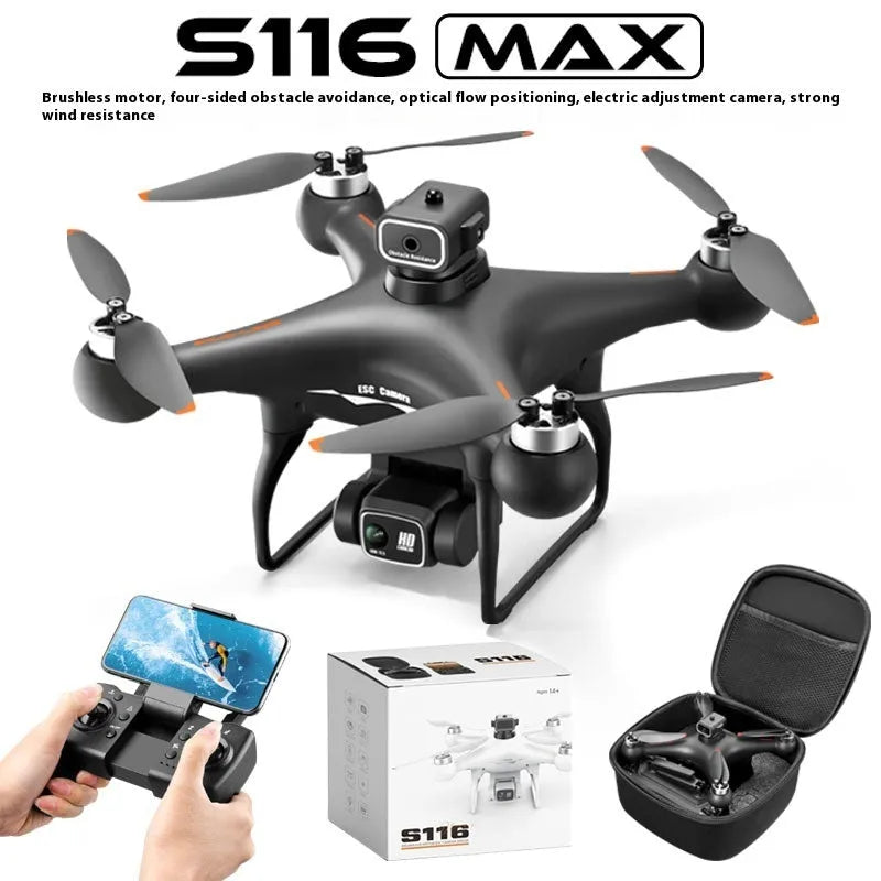 Black HD brushless UAV drone with four-side obstacle avoidance and camera, remote control beside it